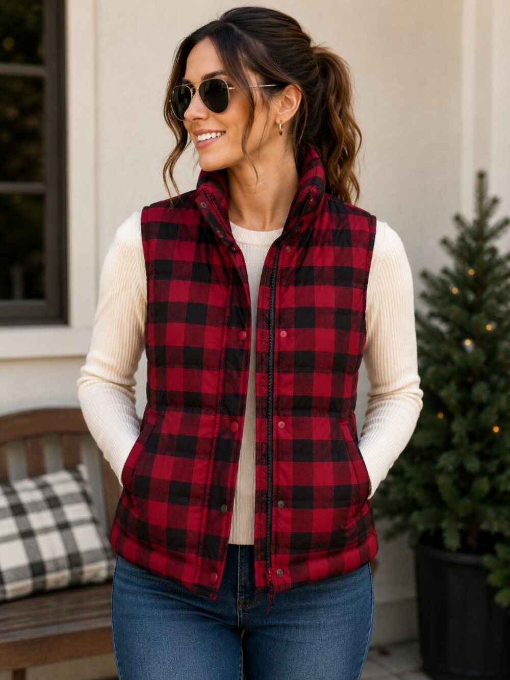 Gap Women’s XS Red Black Buffalo Plaid Quilted Puffer Vest